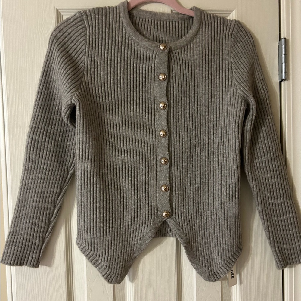 Commense - Gray Ribbed Button-Front Cardigan Sweater